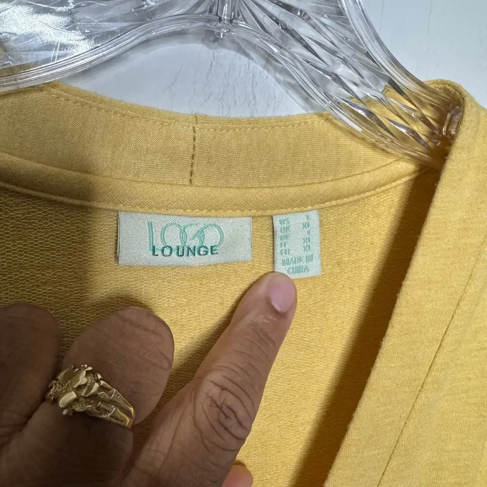 LOGO by Lori Goldstein Lounge Yellow Zip Front Cardigan Women’s Size L Lace Trim